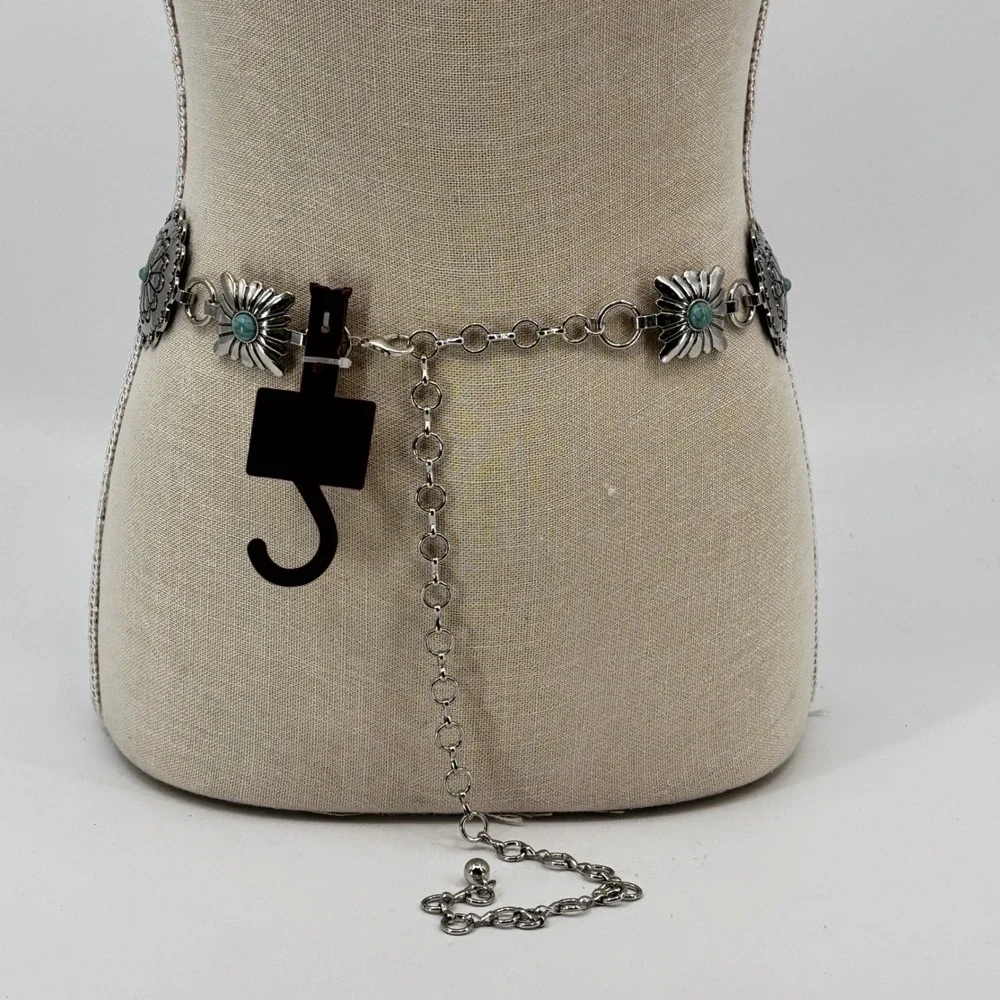Austin West Concho Chain Belt Womens SM Silver Turquoise Western Boho Adjustable
